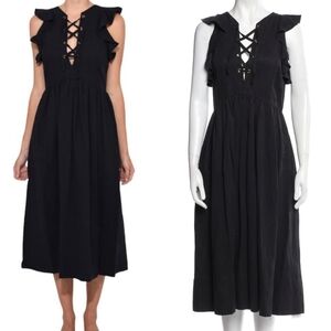 Ulla Johnson Karyn Flutter Sleeve Lace Up V-neck Linen Midi Dress